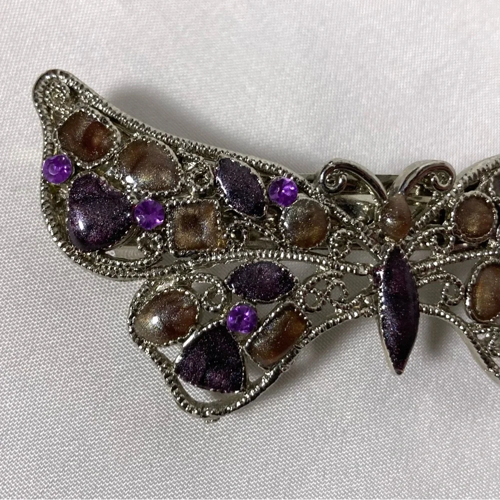 Metal Silver Curlicue Butterfly Barrette with Purple and Brown Glittery Stones - Picture 6 of 9